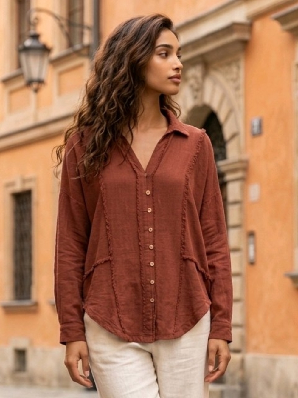 Listicle Rust, Button-Down Gauze Blouse Raw, Frayed-Fringe Paneling M EUC